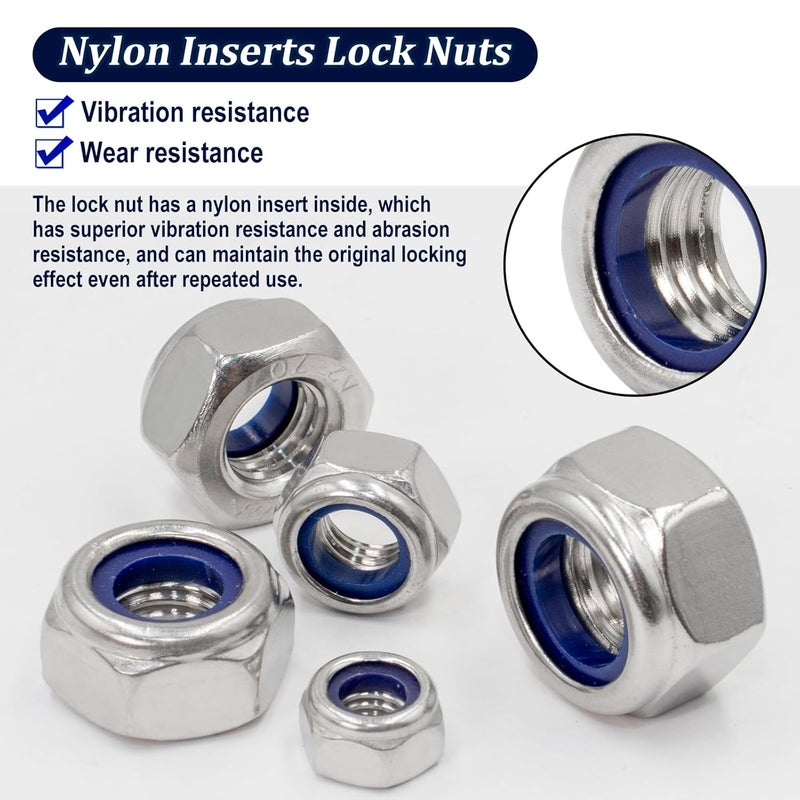 ZQZ 360 Pack Metric Hex Nuts & Locknuts Assortment Kit，M3 M4 M5 M6 M8 M10 M12 304 Stainless Steel Assorted Nylon Insert Lock Nuts Sets，Standard Thread Nylock Nuts - Image 5